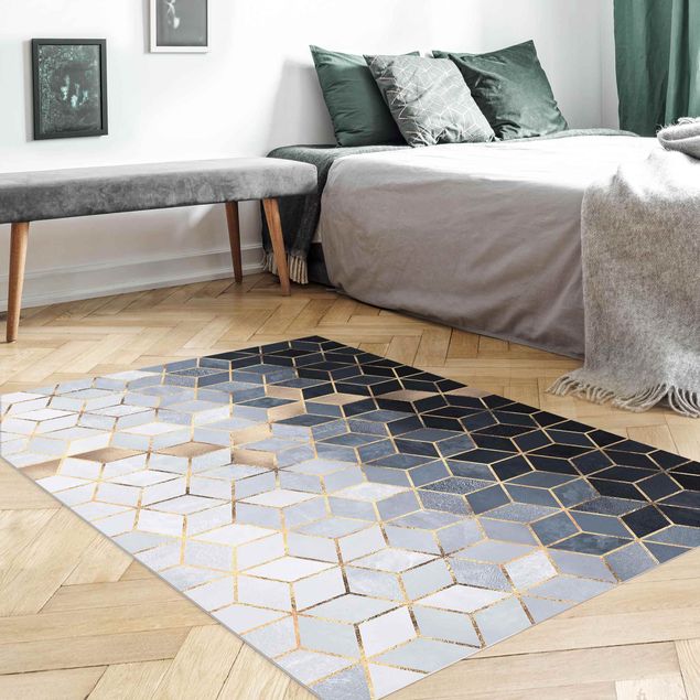 Moderner Teppich Blau Weiß goldene Geometrie