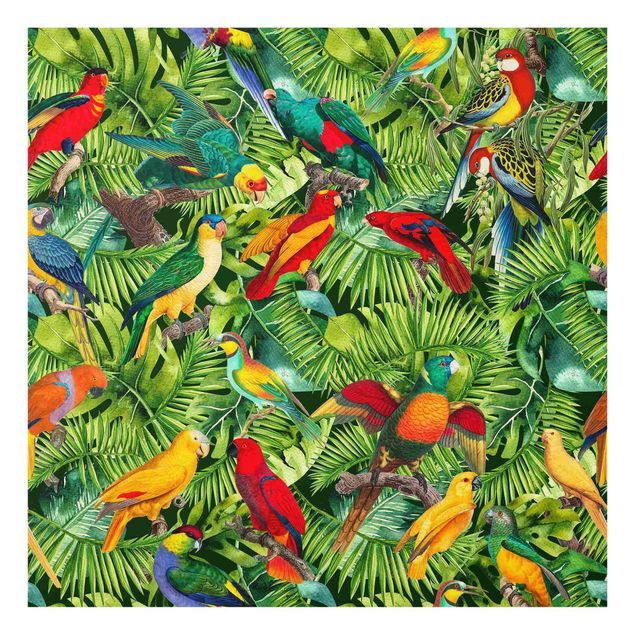 Küchenspritzschutz Bunte Collage - Papageien im Dschungel