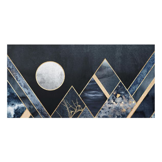 Spritzschutz Glas - Goldener Mond abstrakte schwarze Berge - Querformat - 2:1