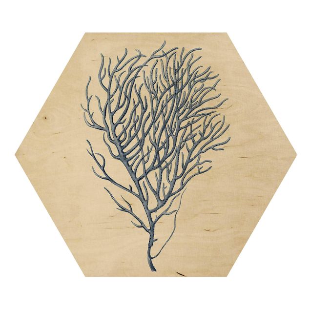 Hexagon Bild Holz - Indigo Koralle III