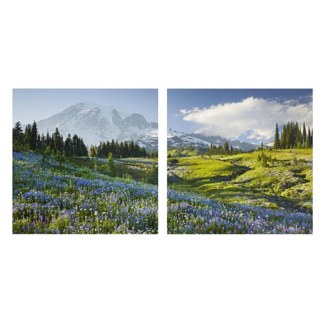 Leinwandbild 2-teilig - Bergwiese mit Blumen vor Mt. Rainier - Quadrate 1:1