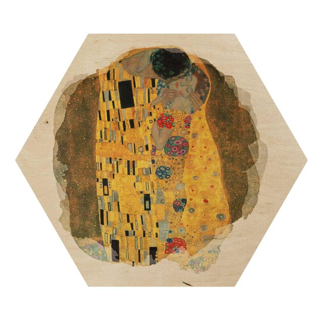 Hexagon Bild Holz - Wasserfarben - Gustav Klimt - Der Kuss