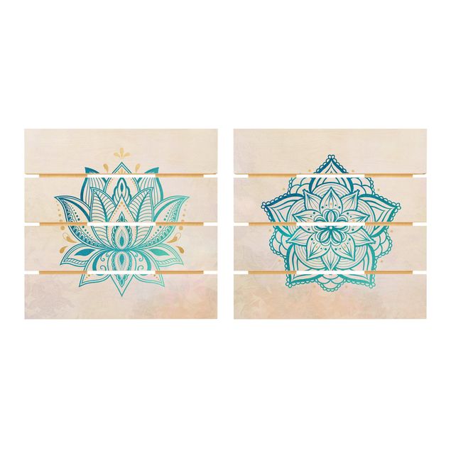 Holzbild 2-teilig - Mandala Hamsa Hand Lotus Set gold blau - Quadrate 1:1