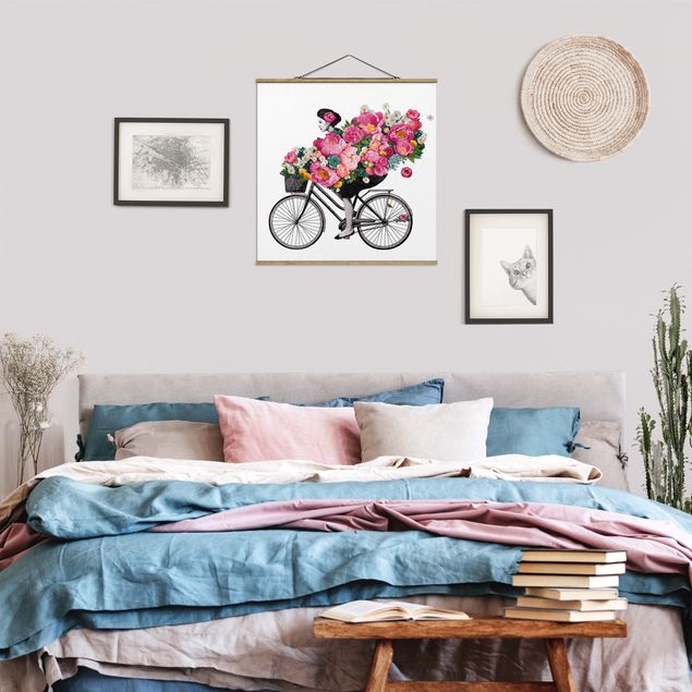 schöne Bilder Illustration Frau auf Fahrrad Collage bunte Blumen