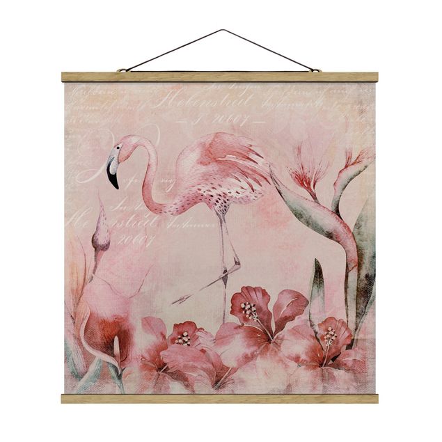 Stoffbild mit Posterleisten - Shabby Chic Collage - Flamingo - Quadrat 1:1