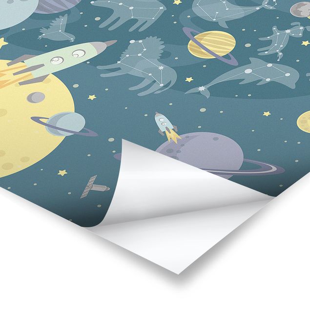 Poster - Planeten mit Sternzeichen und Raketen - Quadrat 1:1