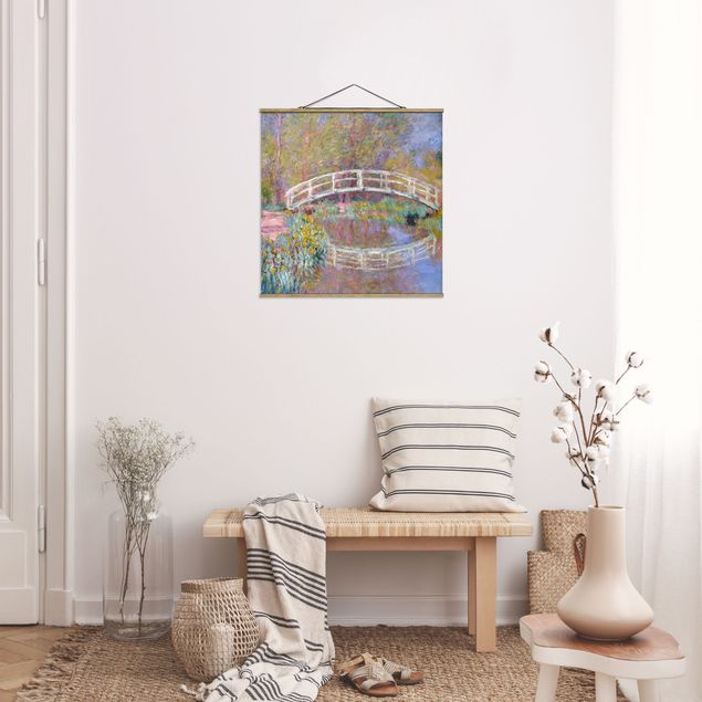 Stoffbild mit Posterleisten - Claude Monet - Brücke Monets Garten - Quadrat 1:1