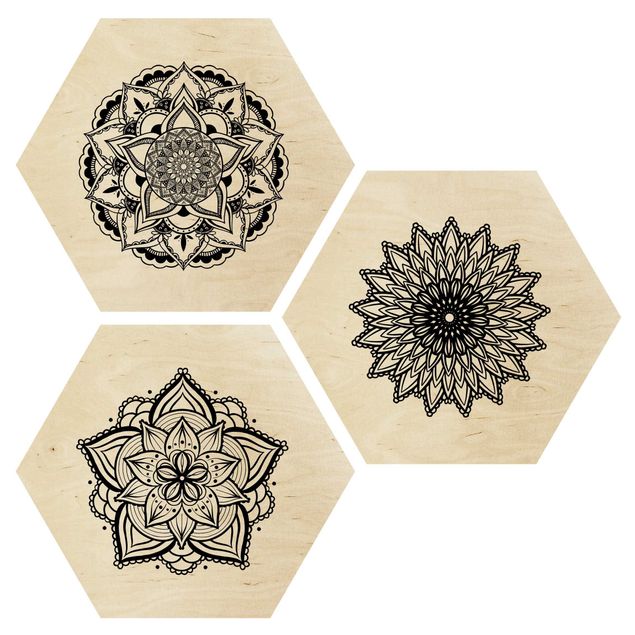 Hexagon Bild Holz 3-teilig - Mandala Blüte Sonne Illustration Set Schwarz Weiß