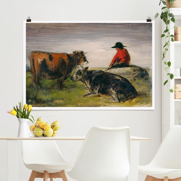 Poster Kühe Wilhelm Busch - Hirte mit Kühen