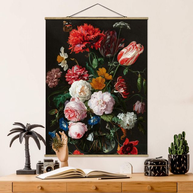 Stoffbild mit Posterleisten - Jan Davidsz de Heem - Stillleben mit Blumen in einer Glasvase - Hochformat 3:4