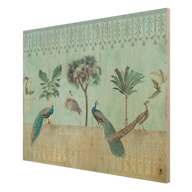 Wandbild Holz Vintage Collage - Tropische Vögel mit Palmen