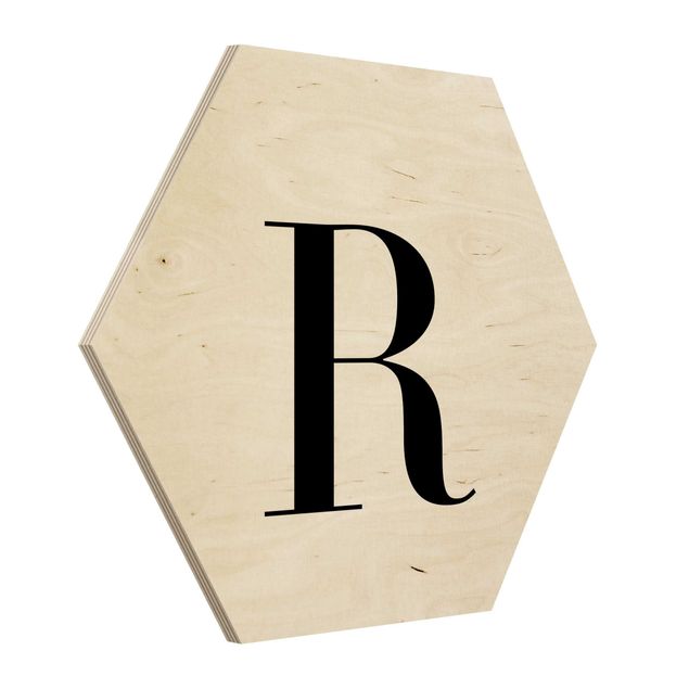 Hexagon Bild Holz - Buchstabe Serif Weiß R