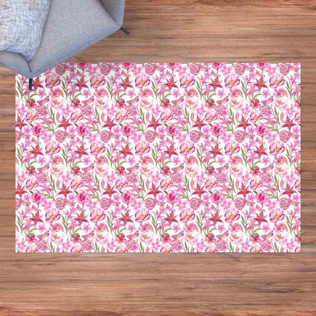 Teppich für Balkon Pinke Blumen mit Schmetterlingen