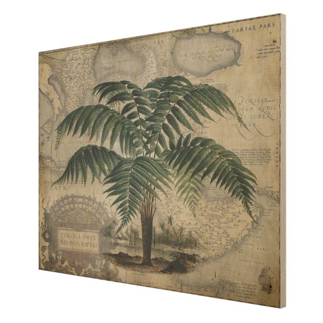 Wandbild Weltkarte Holz Vintage Collage - Palme und Weltkarte