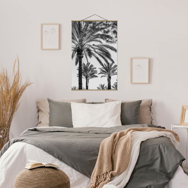Stoffbilder mit Posterleisten Palmen im Sonnenuntergang Schwarz-Weiß