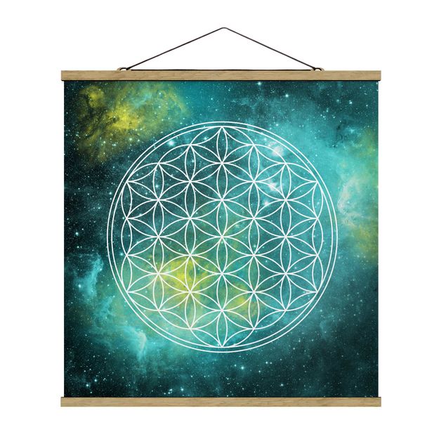 Stoffbild mit Posterleisten - Blume des Lebens im Licht der Sterne - Quadrat 1:1