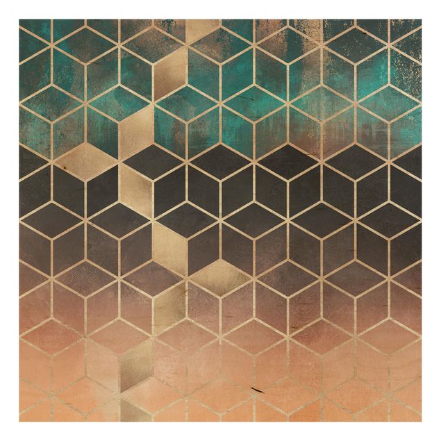 Holzbild - Türkis Rosé goldene Geometrie - Quadrat 1:1