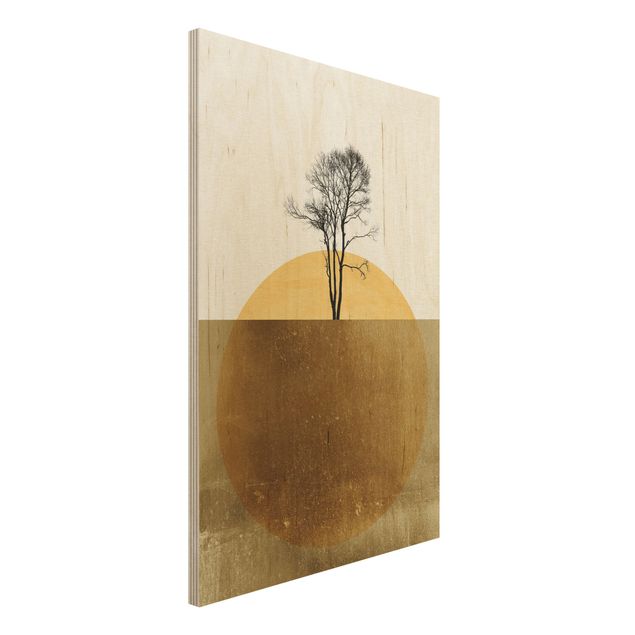 Holzbilder Natur Goldene Sonne mit Baum