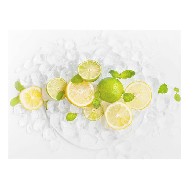 Glas Spritzschutz - Zitrusfrüchte auf Eiswürfel - Querformat - 4:3