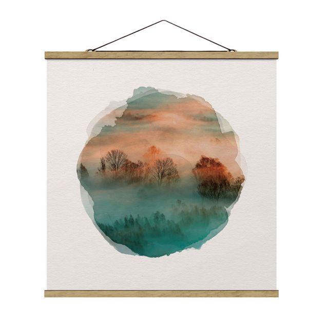Stoffbild mit Posterleisten - Wasserfarben - Nebel bei Sonnenaufgang - Quadrat 1:1