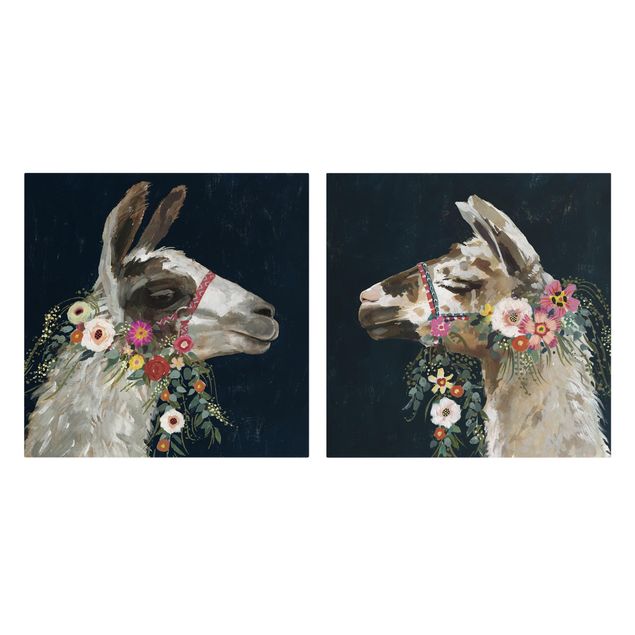 Leinwandbild 2-teilig - Lama mit Blumenschmuck Set I - Quadrate 1:1