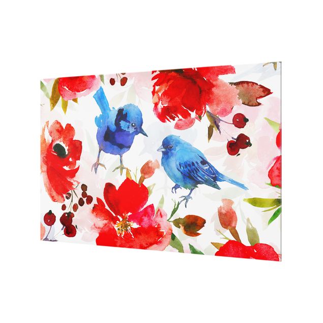 Spritzschutz Glas - Aquarellierte Vögel in Blau mit Rosen - Querformat 3:2