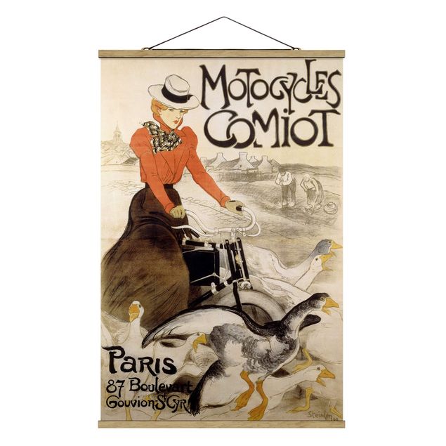 Stoffbild mit Posterleisten - Théophile-Alexandre Steinlen - Werbeplakat für Motorcycles Comiot - Hochformat 2:3