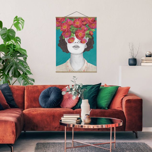 schöne Bilder Illustration Portrait Frau Collage mit Blumen Brille