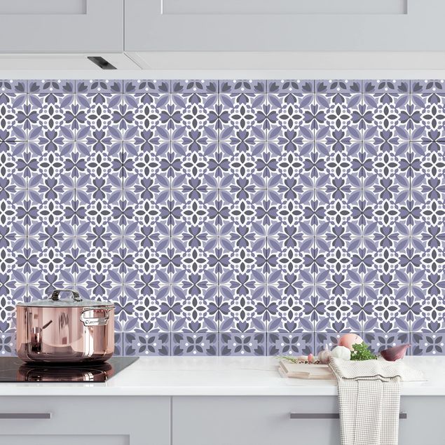Platte Küchenrückwand Geometrischer Fliesenmix Blüte Violett