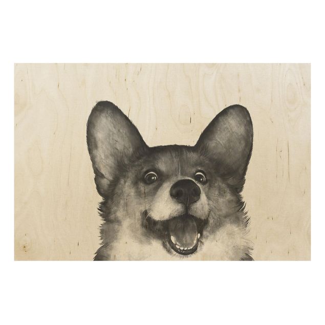 Holzbild - Illustration Hund Corgi Weiß Schwarz Malerei - Querformat 2:3
