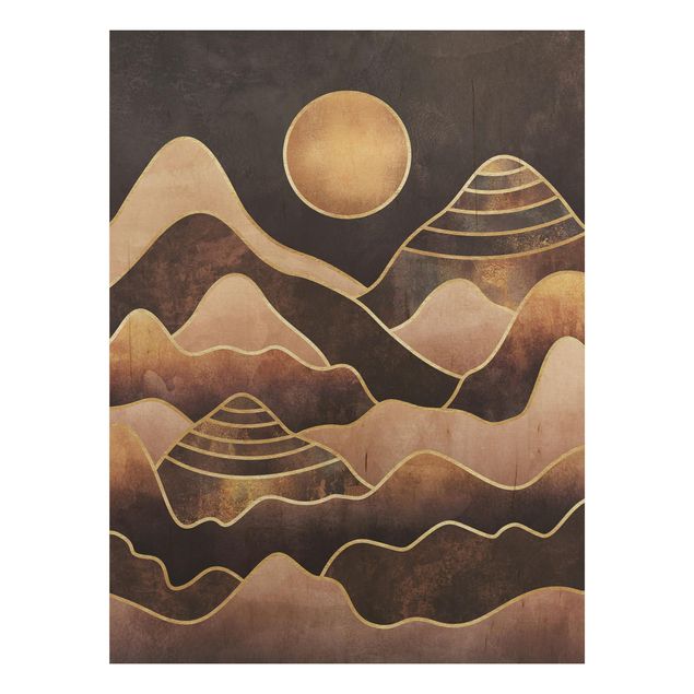 Holzbild - Goldene Sonne abstrakte Berge - Hochformat 4:3