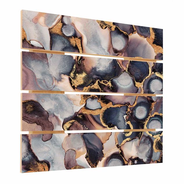 Holzbild - Elisabeth Fredriksson - Marmor Aquarell mit Gold - Quadrat 1:1