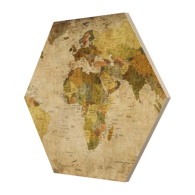 Hexagon Bild Holz - Weltkarte