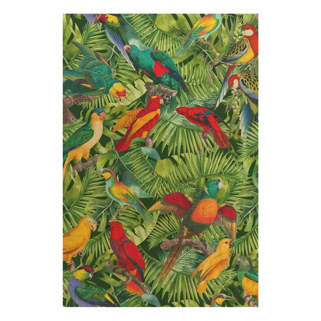 Holzbilder Muster Bunte Collage - Papageien im Dschungel