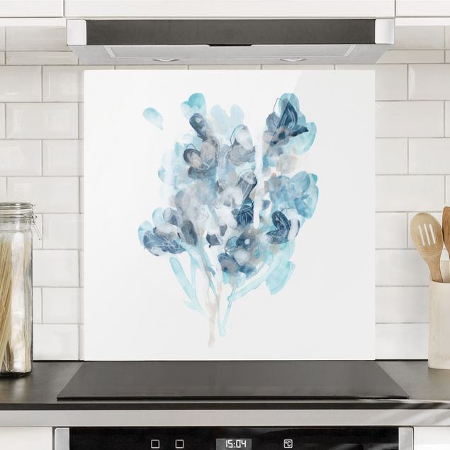 Glasrückwand Küche Blumen Aquarell Bouquet in blauen Schattierungen