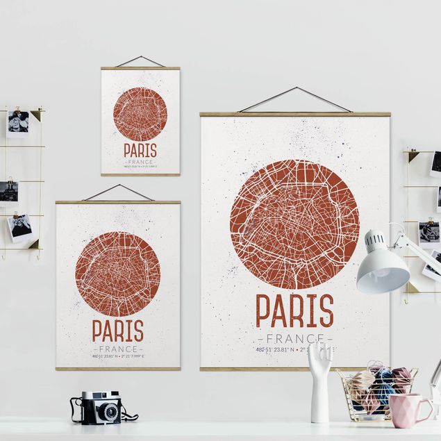 Stoffbild mit Posterleisten - Stadtplan Paris - Retro - Hochformat 3:4