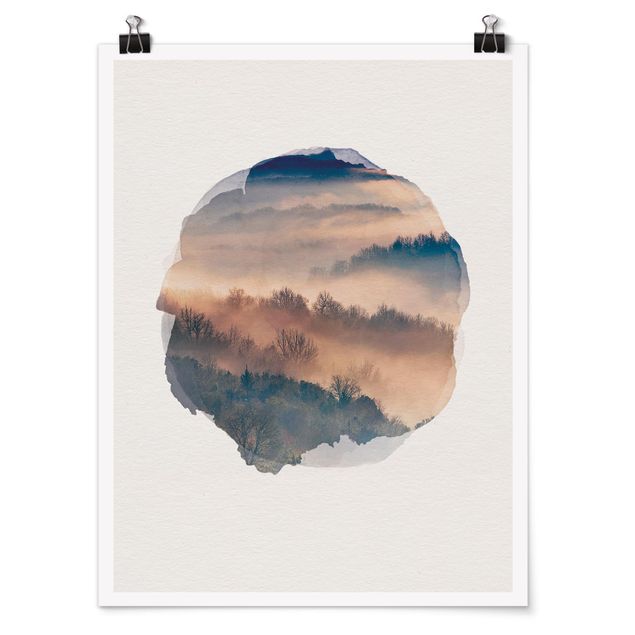 Poster - Wasserfarben - Nebel bei Sonnenuntergang - Hochformat 4:3