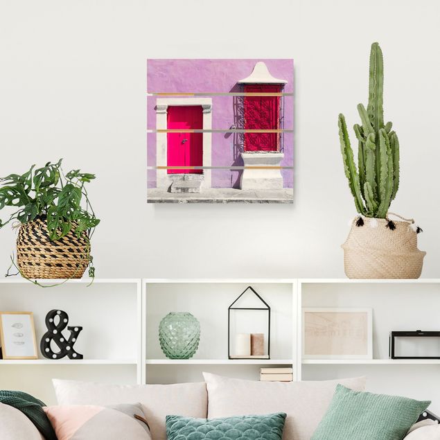 Bilder auf Holz Rosa Fassade Pinke Tür