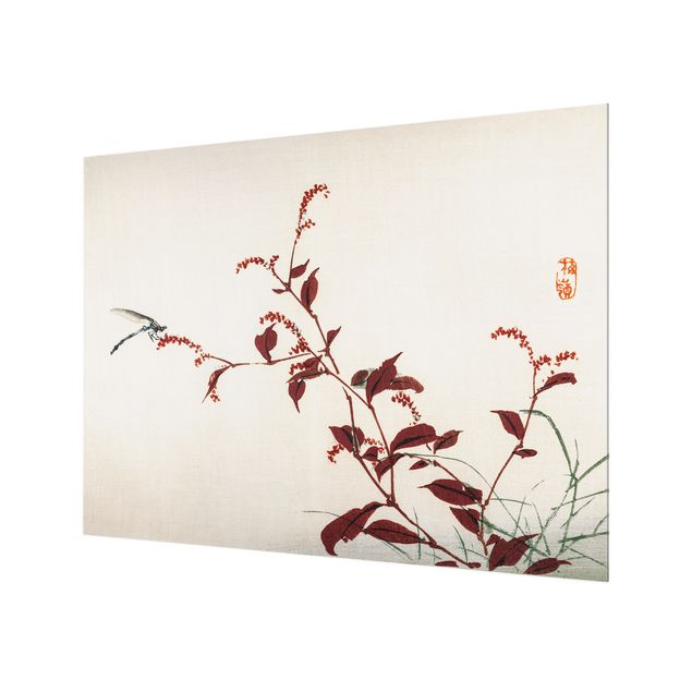 Glas Spritzschutz - Asiatische Vintage Zeichnung Roter Zweig mit Libelle - Querformat - 4:3