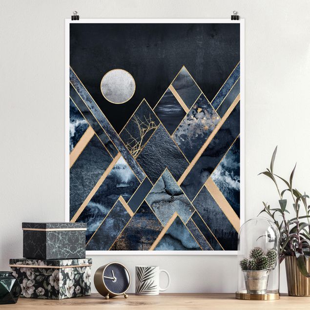 Poster abstrakt Goldener Mond abstrakte schwarze Berge