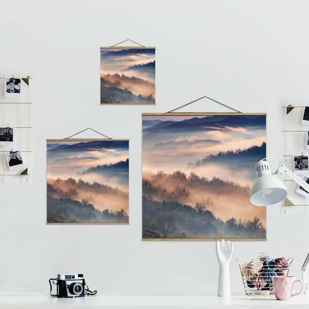 Stoffbild mit Posterleisten - Nebel bei Sonnenuntergang - Quadrat 1:1