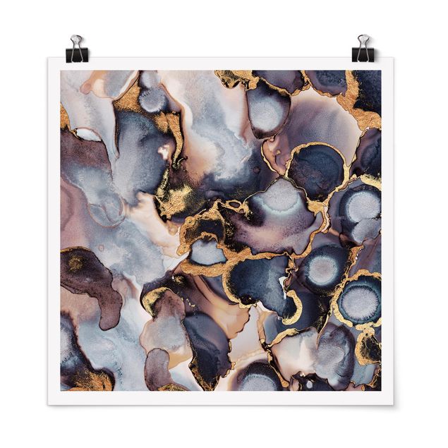 Poster - Marmor Aquarell mit Gold - Quadrat 1:1