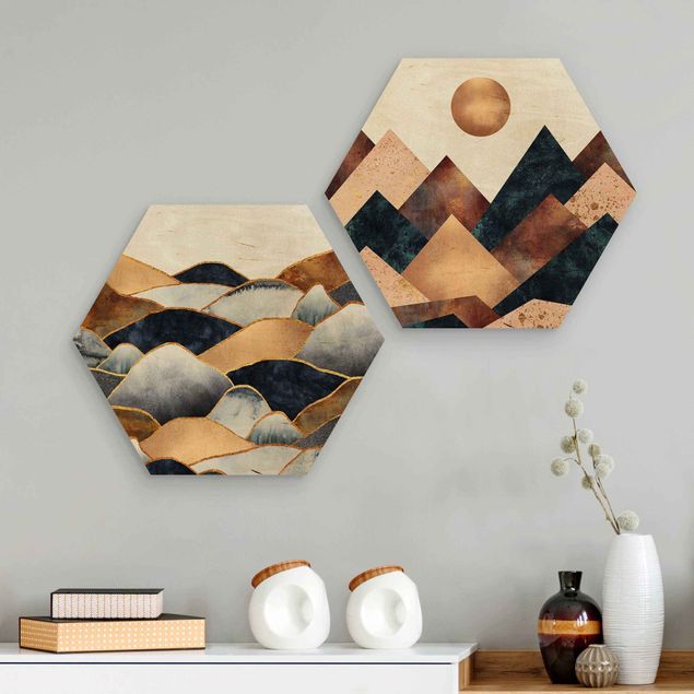 Holzbilder Muster Geometrische & Goldene Berge Aquarell