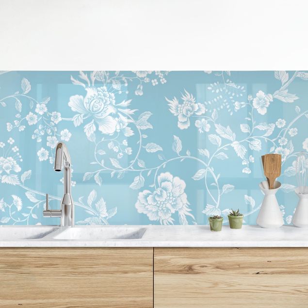 Platte Küchenrückwand Blumenranken auf Blau