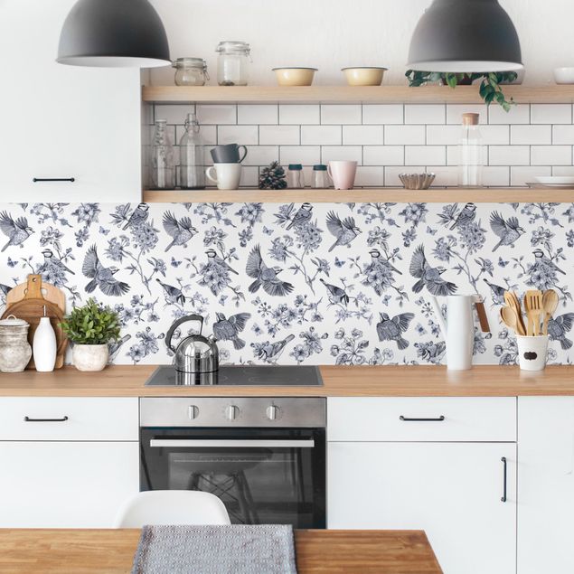 Küchenrückwand selbstklebend Blaumeisen in Blauschwarz