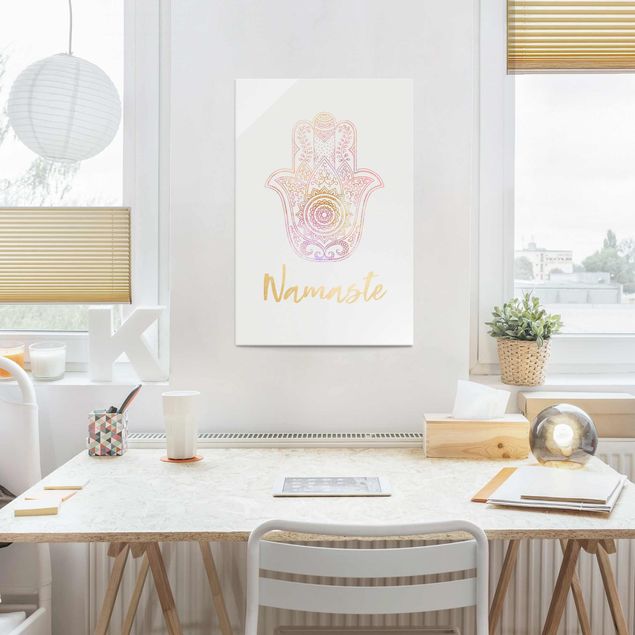 Glasbilder Sprüche Hamsa Hand Illustration Namaste gold rosa