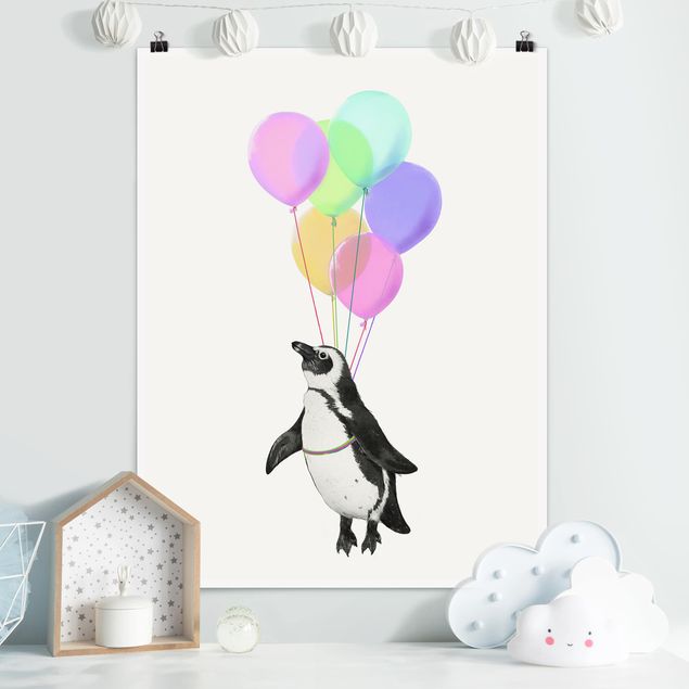 Poster Tiere Illustration Pinguin Pastell Luftballons