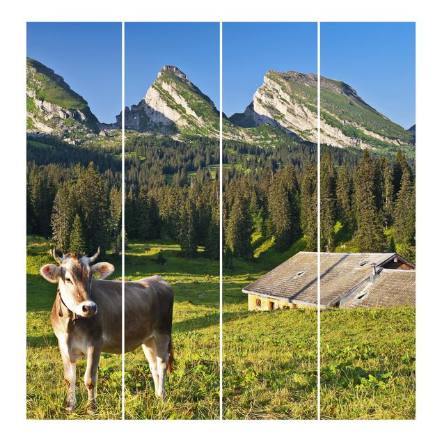 Schiebegardinen Set - Schweizer Almwiese mit Kuh - Flächenvorhänge