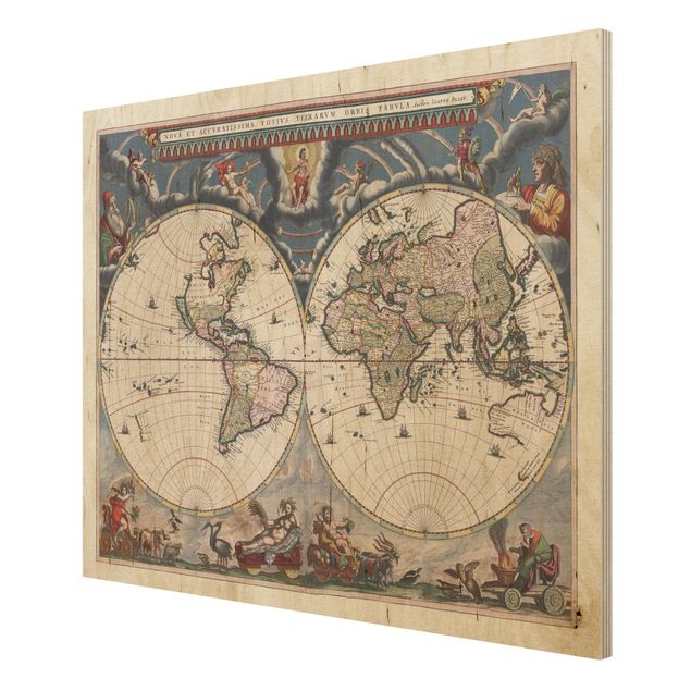 Wandbild Holz Historische Weltkarte Nova et Accuratissima von 1664