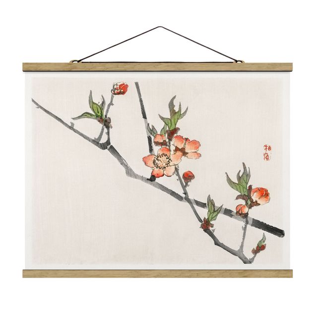 Stoffbild mit Posterleisten - Asiatische Vintage Zeichnung Kirschblütenzweig - Querformat 4:3